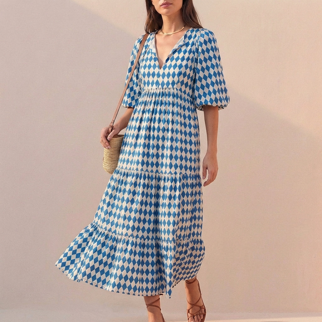 Duttini | Elegant Flowing V-Neck Midi Dress With Puff Sleeves And Tiered Skirt