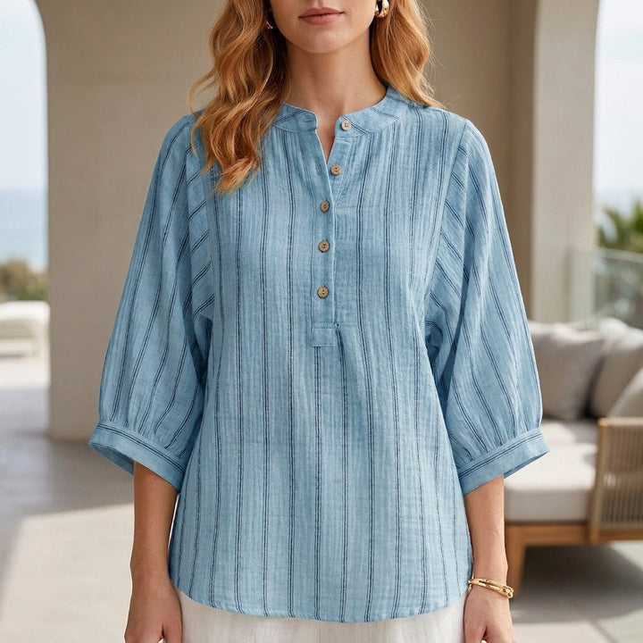 Duttini | Timeless Coastal Stripe Button-Neck Relaxed Sleeve Blouse