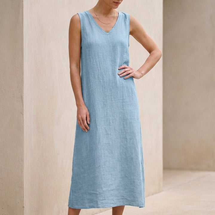 Duttini | Effortless Cotton Linen V-Neck Sleeveless Shift Midi Dress With Pockets
