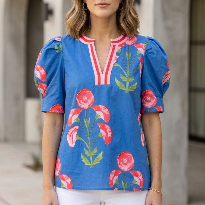 Duttini | Timeless Structured Woven V-Neck Blouse With Botanical Print And Puff Sleeves