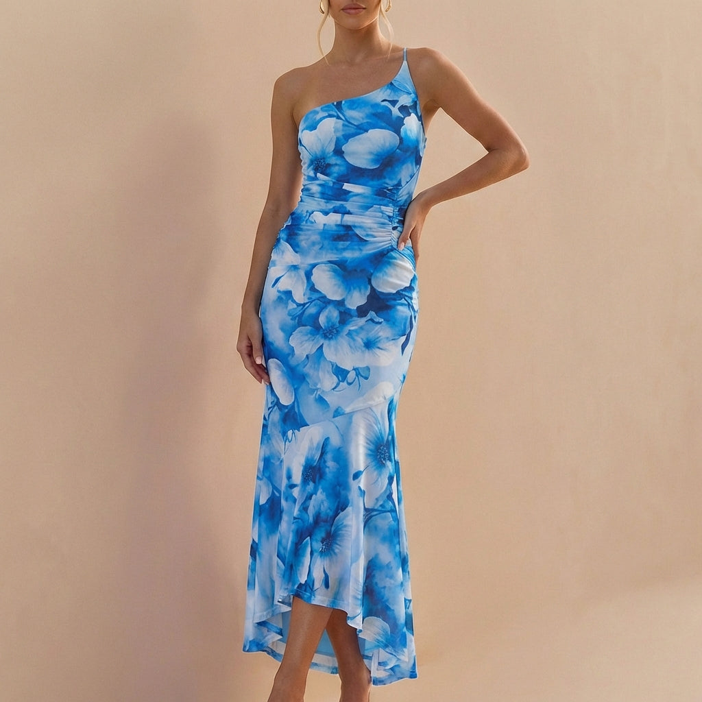 Duttini | Sophisticated Fitted One-Shoulder Mesh Overlay Maxi Dress With Ruched Detail