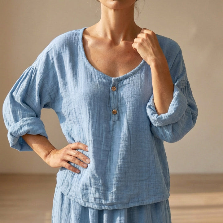 Duttini | Chic Relaxed V-Neck Cotton Blend Blouse With Textured Volume Sleeves