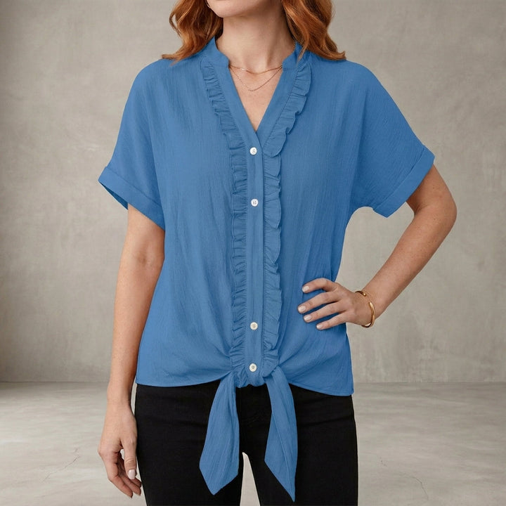 Duttini | Flowing Willow Grace Ruffle Trim Tie-Front Blouse