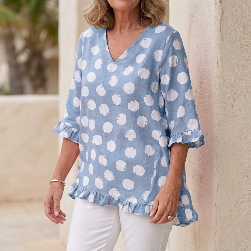 Duttini | Elegant Relaxed V-Neck Tunic With Ruffle Trim And Flowing Silhouette