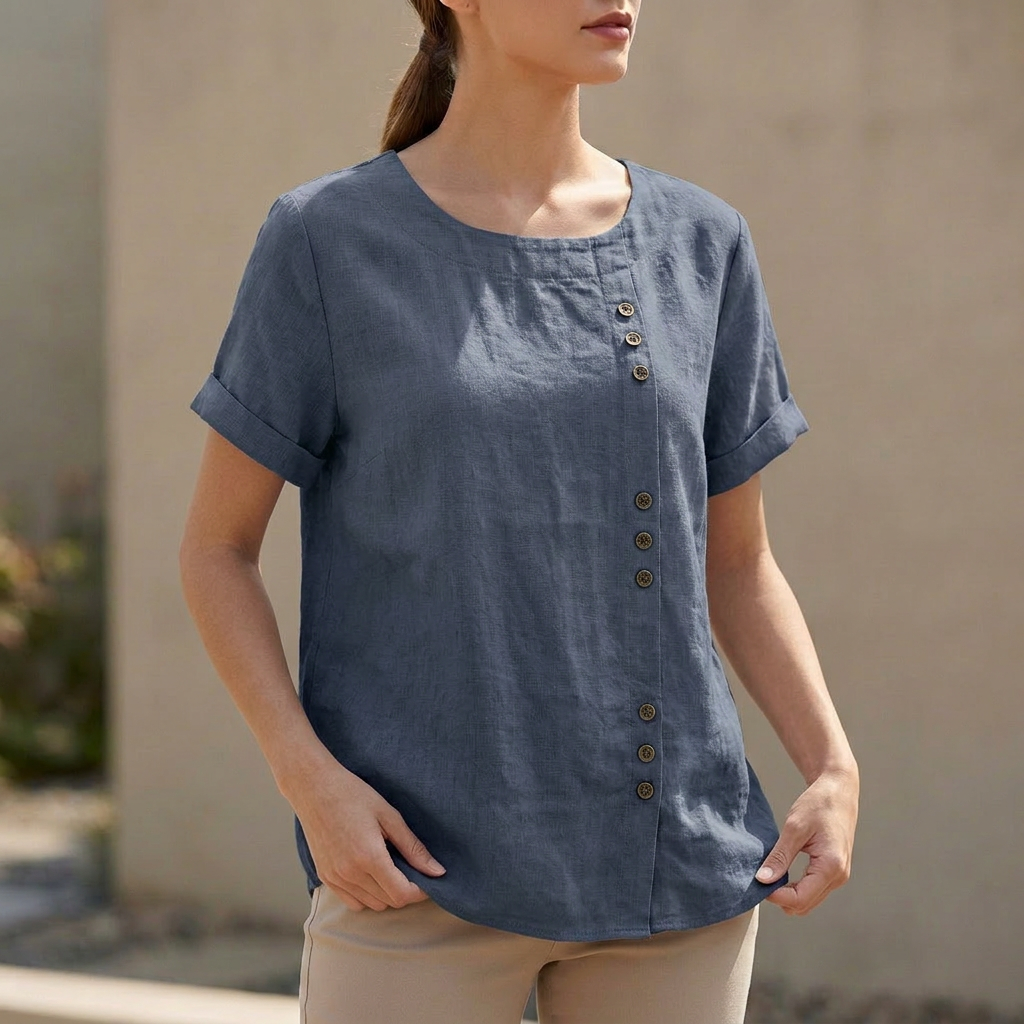 Duttini | Statement Relaxed Short Sleeve Blouse With Asymmetric Button Detail