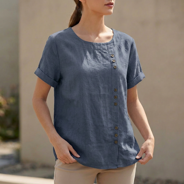 Duttini | Statement Relaxed Short Sleeve Blouse With Asymmetric Button Detail