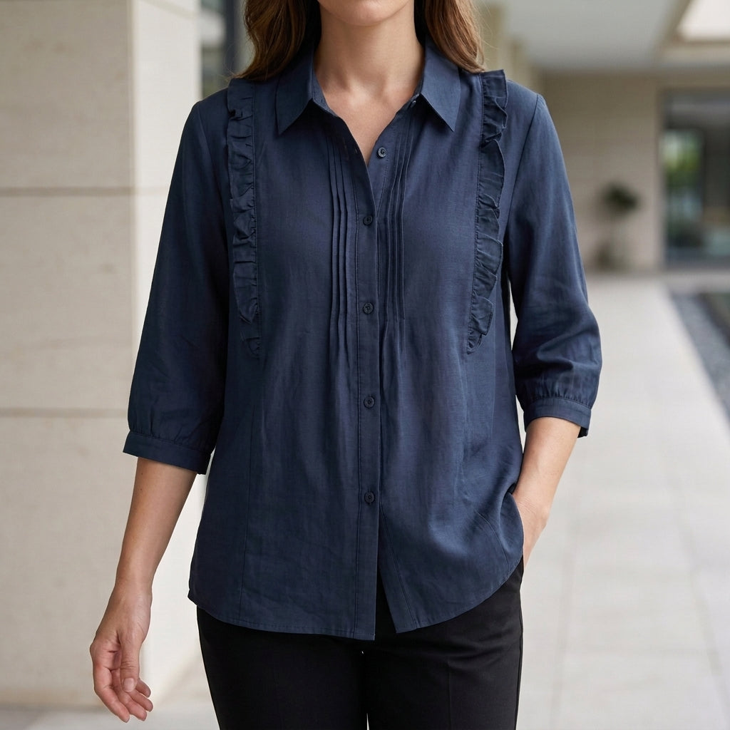 Duttini | Flowing Ruffle Detail Button-Up Blouse With Relaxed Elegant Fit