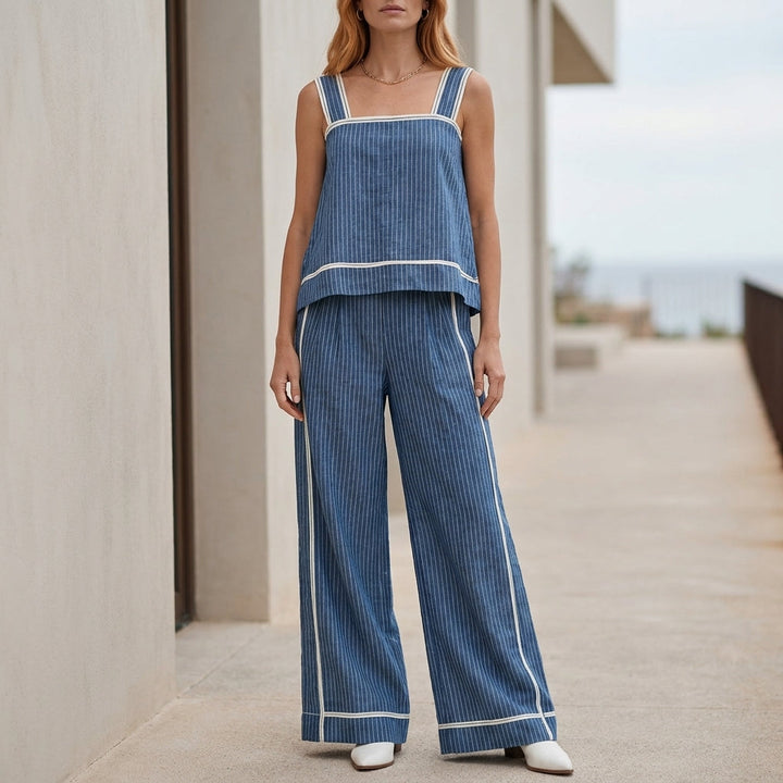 Duttini | Chic Coastal Stripe Sleeveless Top And Wide-Leg Pant Set