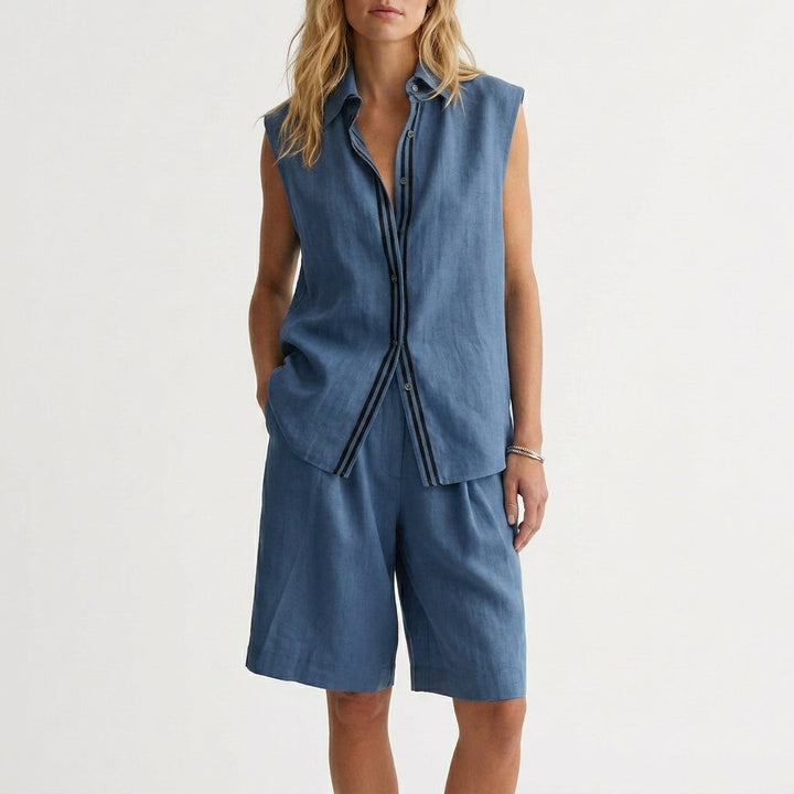 Duttini | Elegant Relaxed Sleeveless Button-Up Shirt And Wide-Leg Pleated Shorts Set
