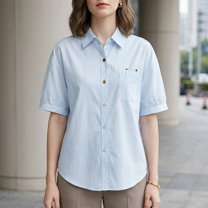 Duttini | Classic Puff Sleeve Button-Front Everyday Shirt Blouse