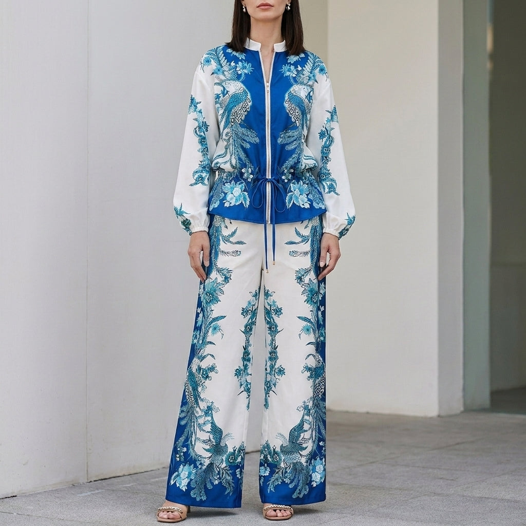 Duttini | Feminine Botanical Zip-Front Top And Wide-Leg Pants Ensemble