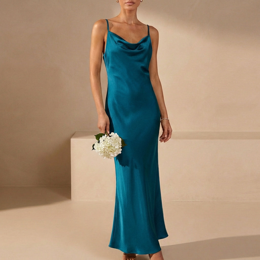 Duttini | Sophisticated Satin Fitted Cowl Neck Maxi Dress With Spaghetti Straps For Evenings