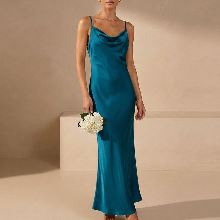 Duttini | Sophisticated Satin Fitted Cowl Neck Maxi Dress With Spaghetti Straps For Evenings