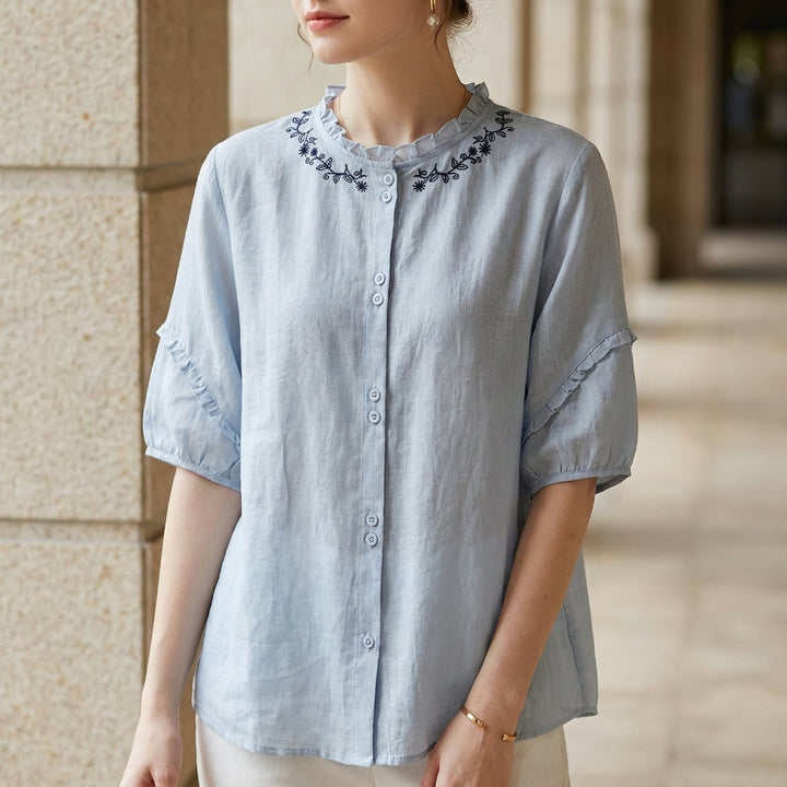 Duttini | Timeless Relaxed Embroidered Button-Up Blouse With Ruffle Trim