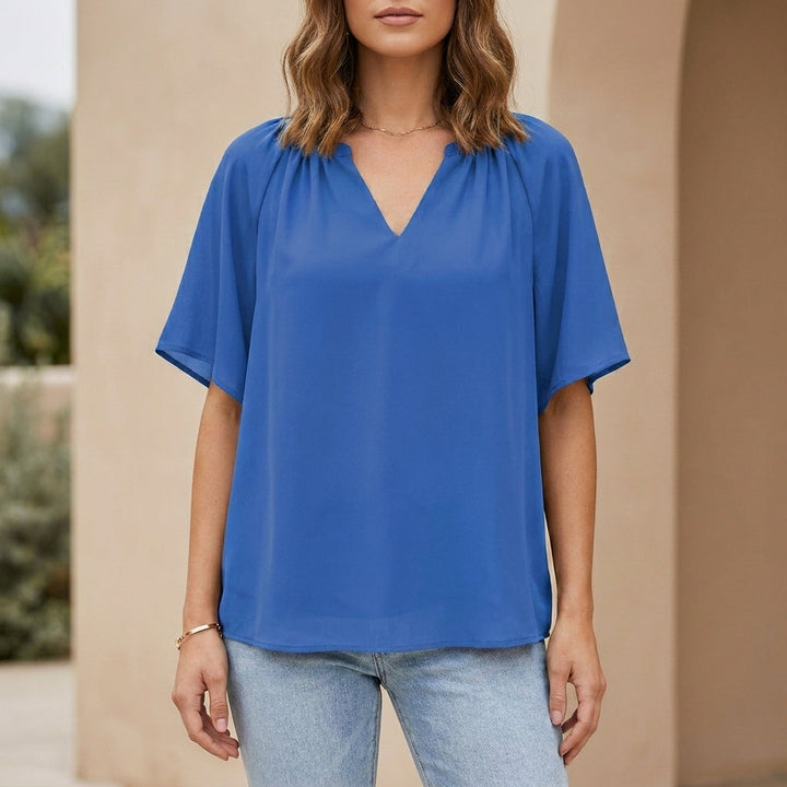 Duttini | Sculpted Relaxed V-Neck Blouse With Gathered Neckline And Flutter Sleeves