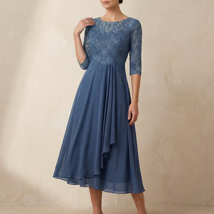 Duttini | Elegant Embroidered A-Line Midi Dress With Sheer Sleeves And Pockets