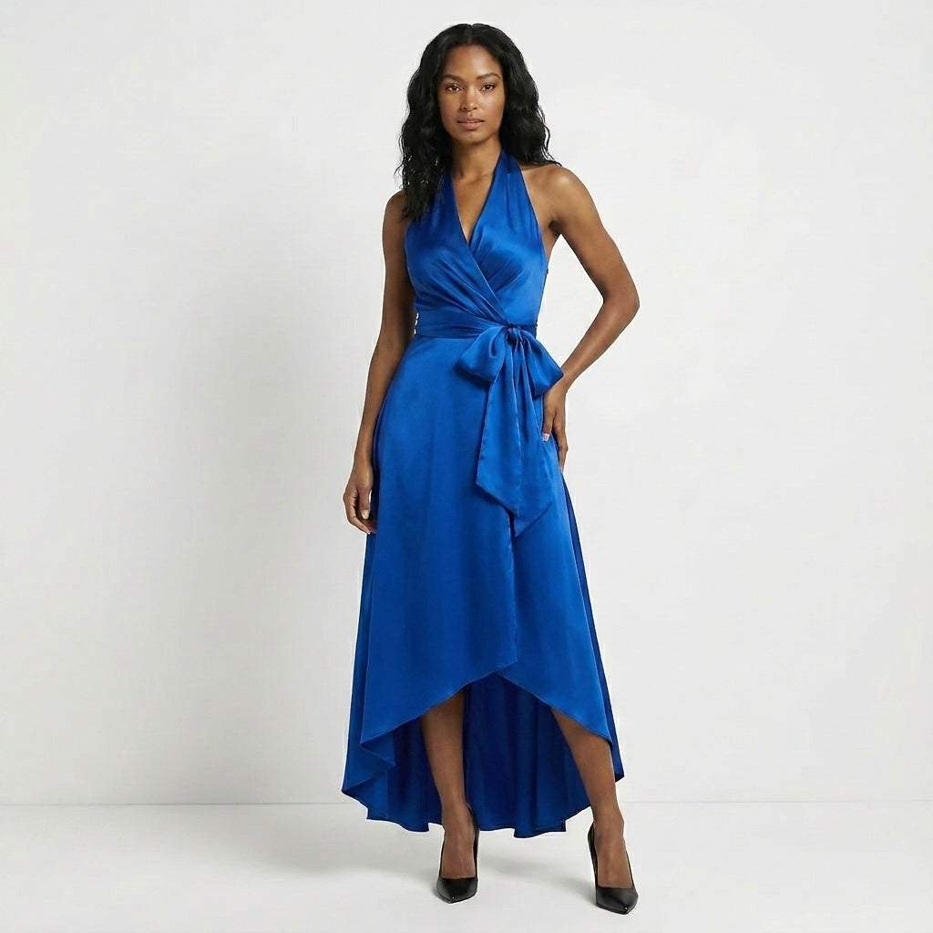 Duttini | Flowing Satin Halter Neck Wrap Maxi Dress With Bow Tie Waist And Ruffled Hem