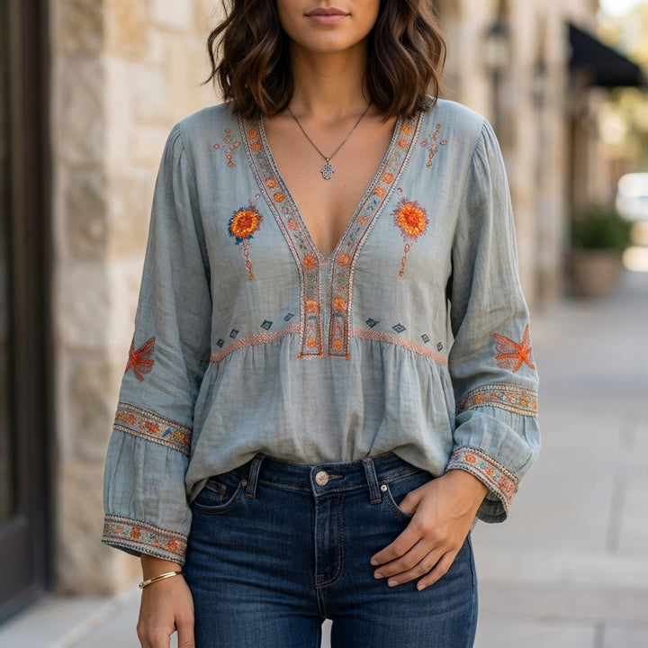 Duttini | Graceful Embroidered V-Neck Blouse With Wide Cuffs And Peplum Detail