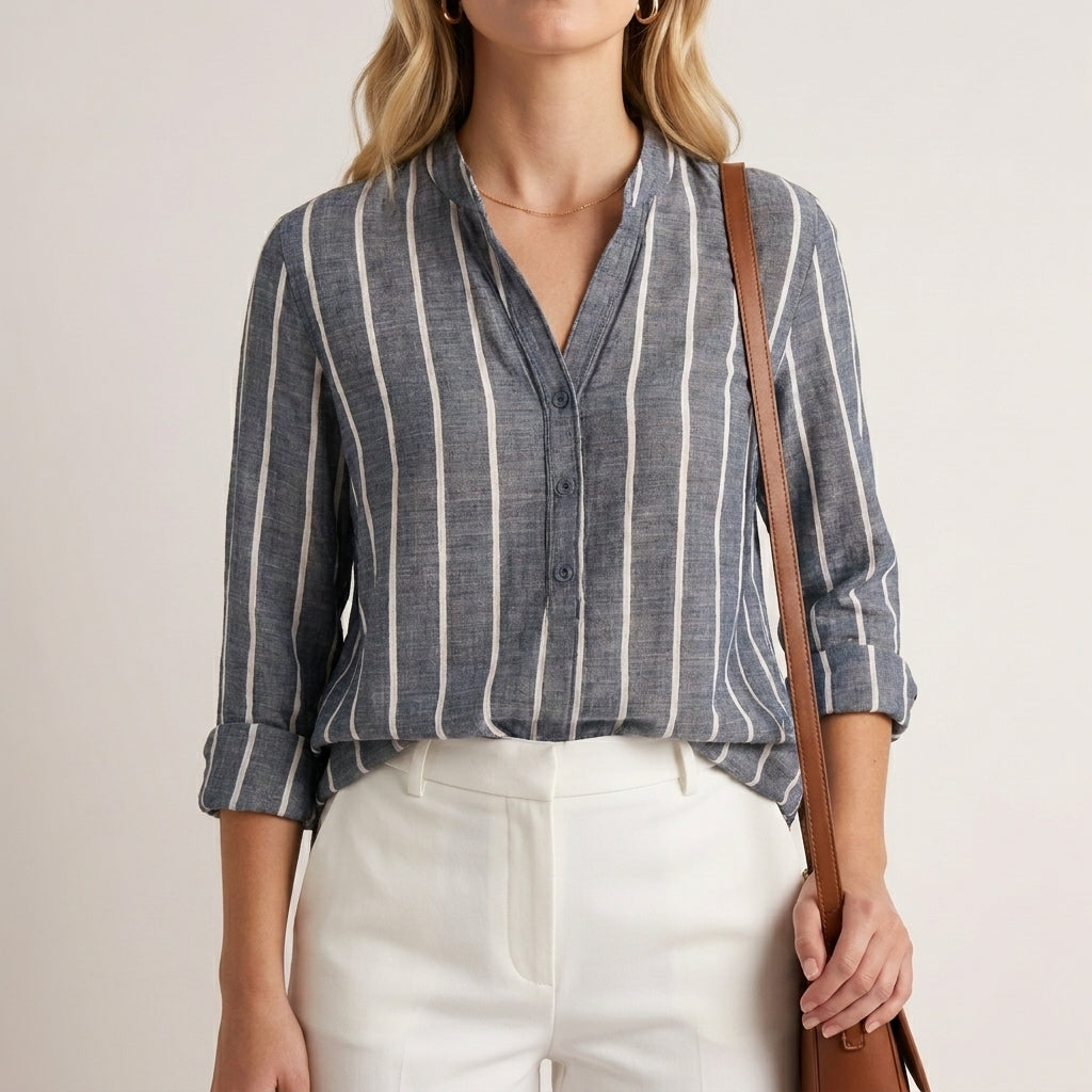 Duttini | Chic Relaxed Fit Woven Blouse With Stand Collar And Vertical Stripes
