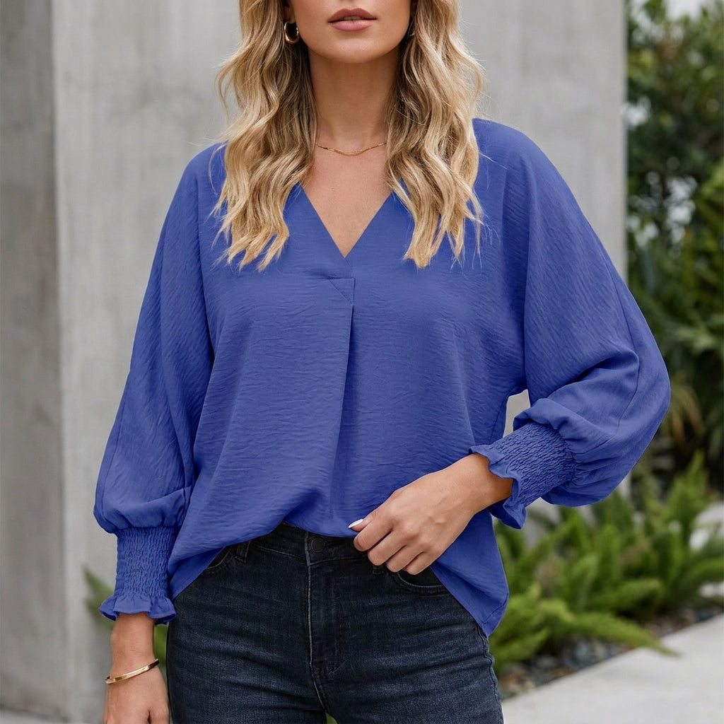 Duttini | Graceful Relaxed V-Neck Blouse With Textured Crinkle And Balloon Sleeves
