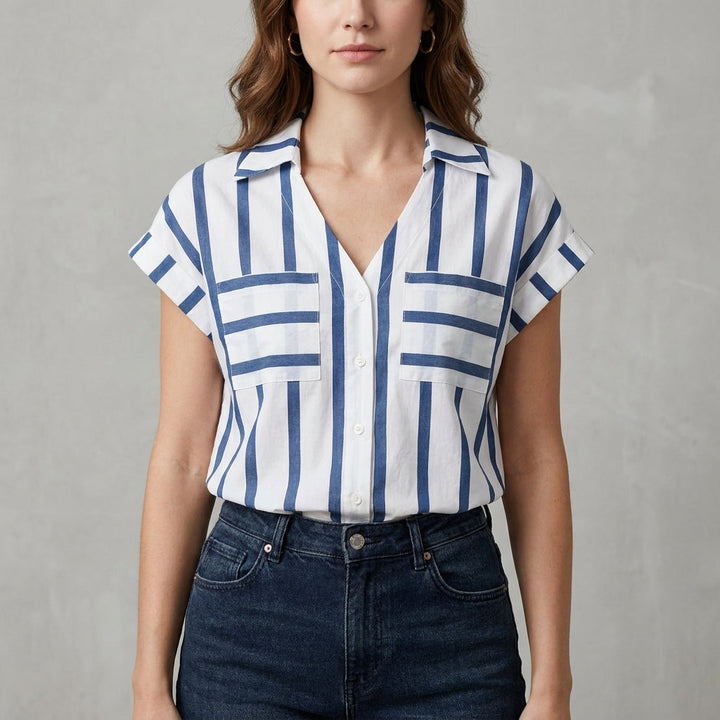 Duttini | Timeless Harbor Breeze Striped Relaxed Button-Front Blouse