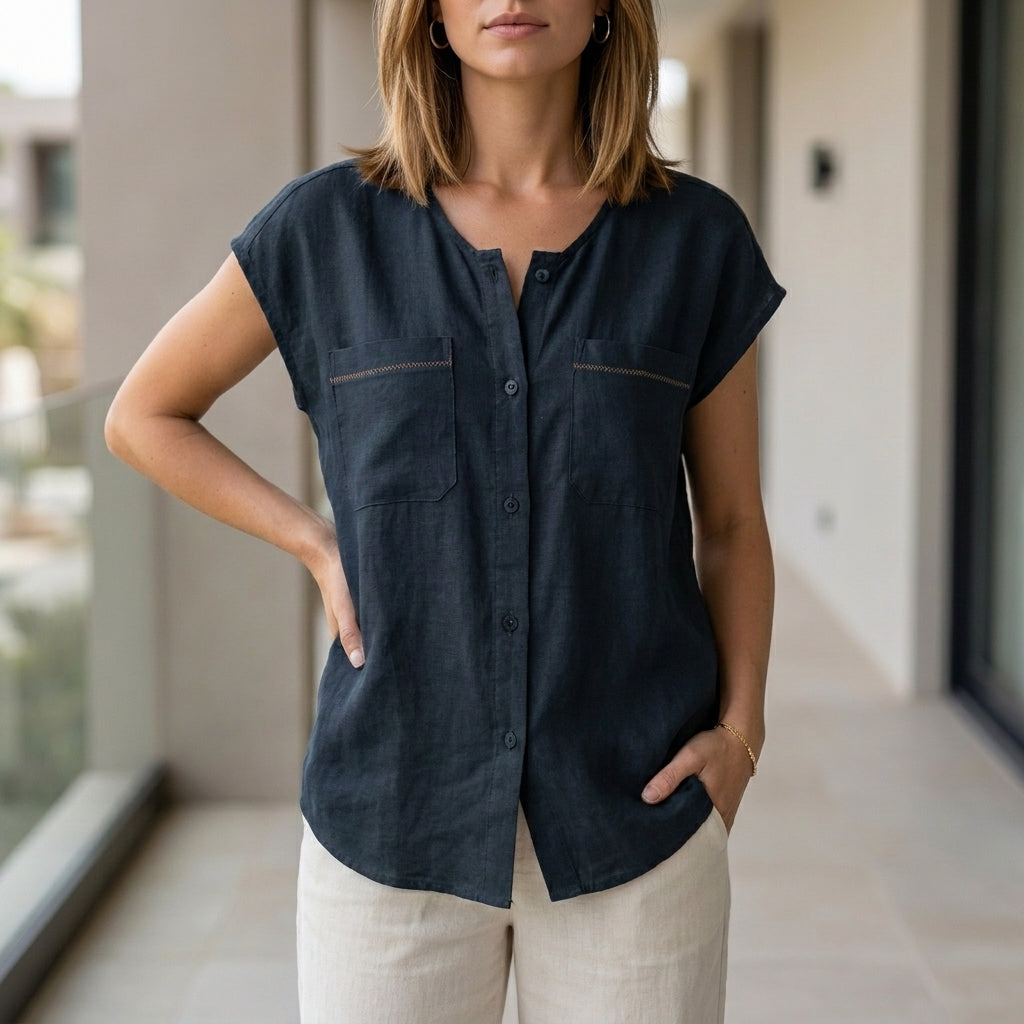 Duttini | Timeless Relaxed Sleeveless Button-Up Blouse With Soft Drape And Front Pockets