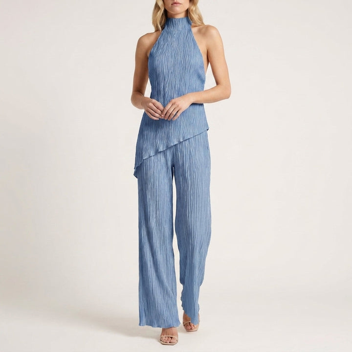 Duttini | Sophisticated Celeste Pleated Halter Top And Wide-Leg Pant Set