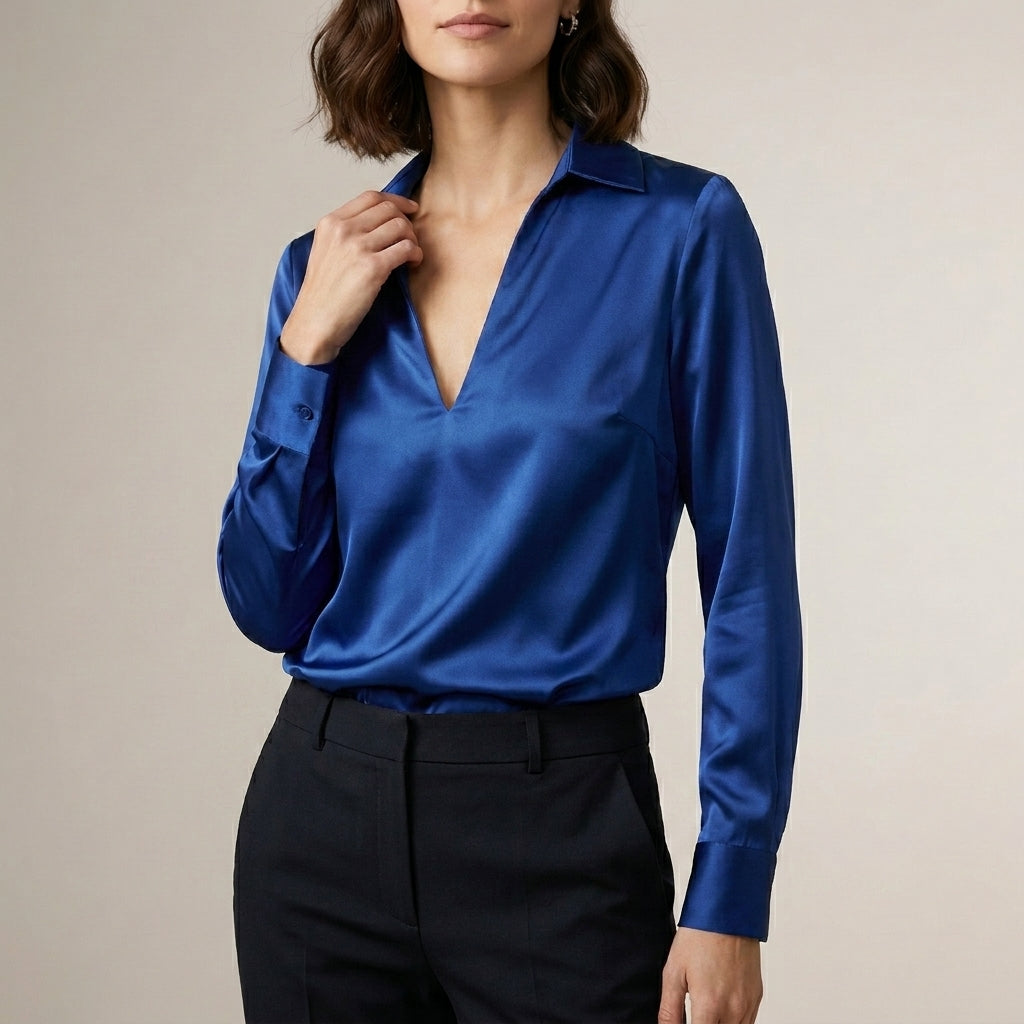 Duttini | Effortless Tailored V-Neck Blouse With Spread Collar And Lustrous Finish