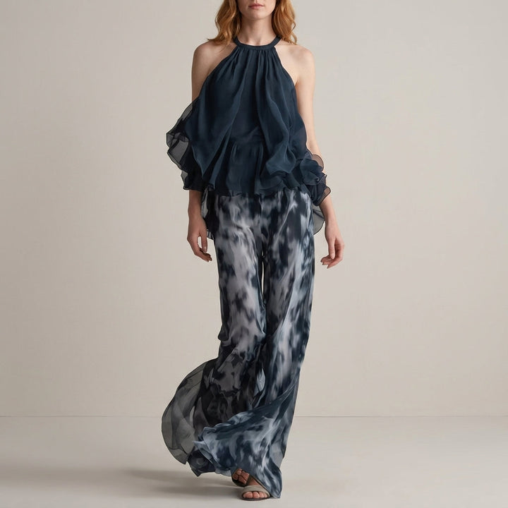 Duttini | Modern Midnight Mist Halter Blouse And Flowing Pant Set