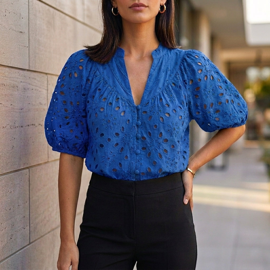 Duttini | Sophisticated Embroidered V-Neck Blouse With Voluminous Lantern Sleeves And Eyelet Detail