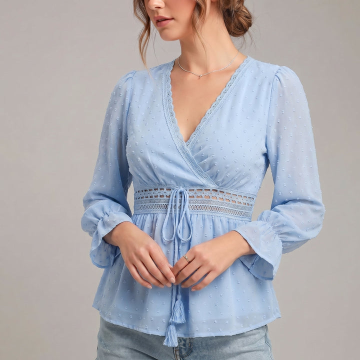 Duttini | Romantic V-Neck Wrap Blouse With Lace Detailing And Ruffled Sleeves