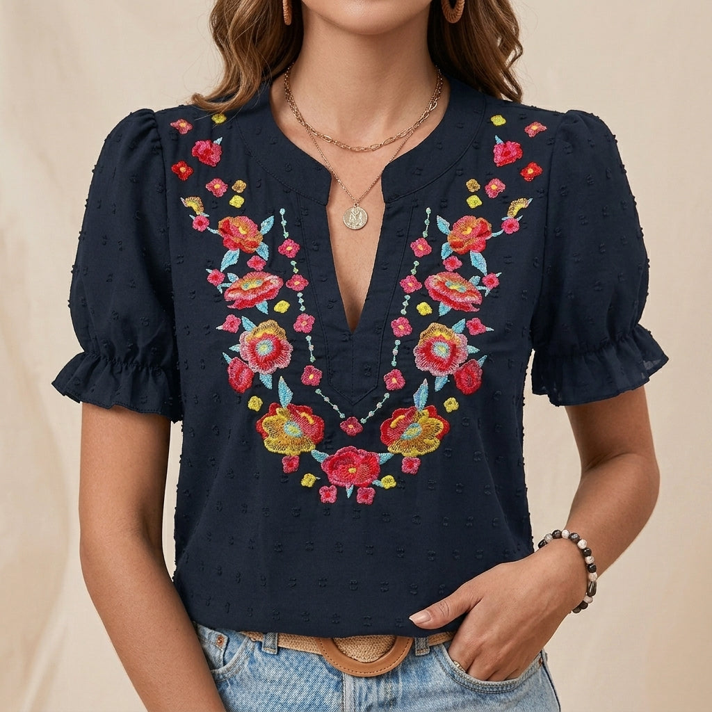 Duttini | Graceful Embroidered Floral Notch Neckline Blouse With Puff Sleeve Detail