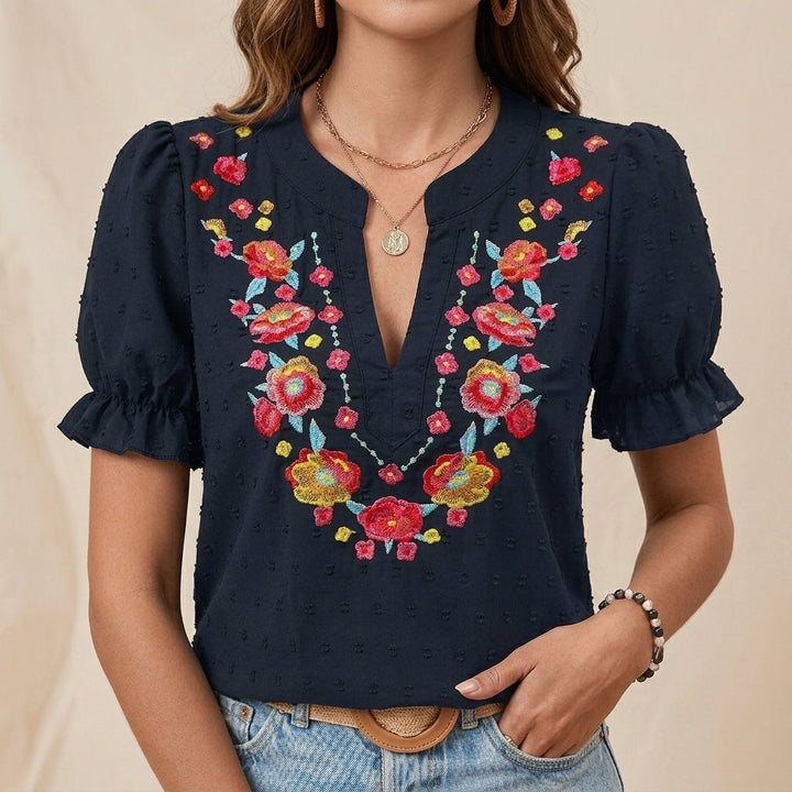 Duttini | Graceful Embroidered Floral Notch Neckline Blouse With Puff Sleeve Detail