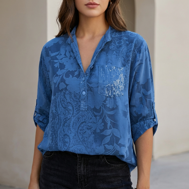 Duttini | Statement Relaxed Floral Burnout Blouse With Adjustable Roll-Tab Sleeves