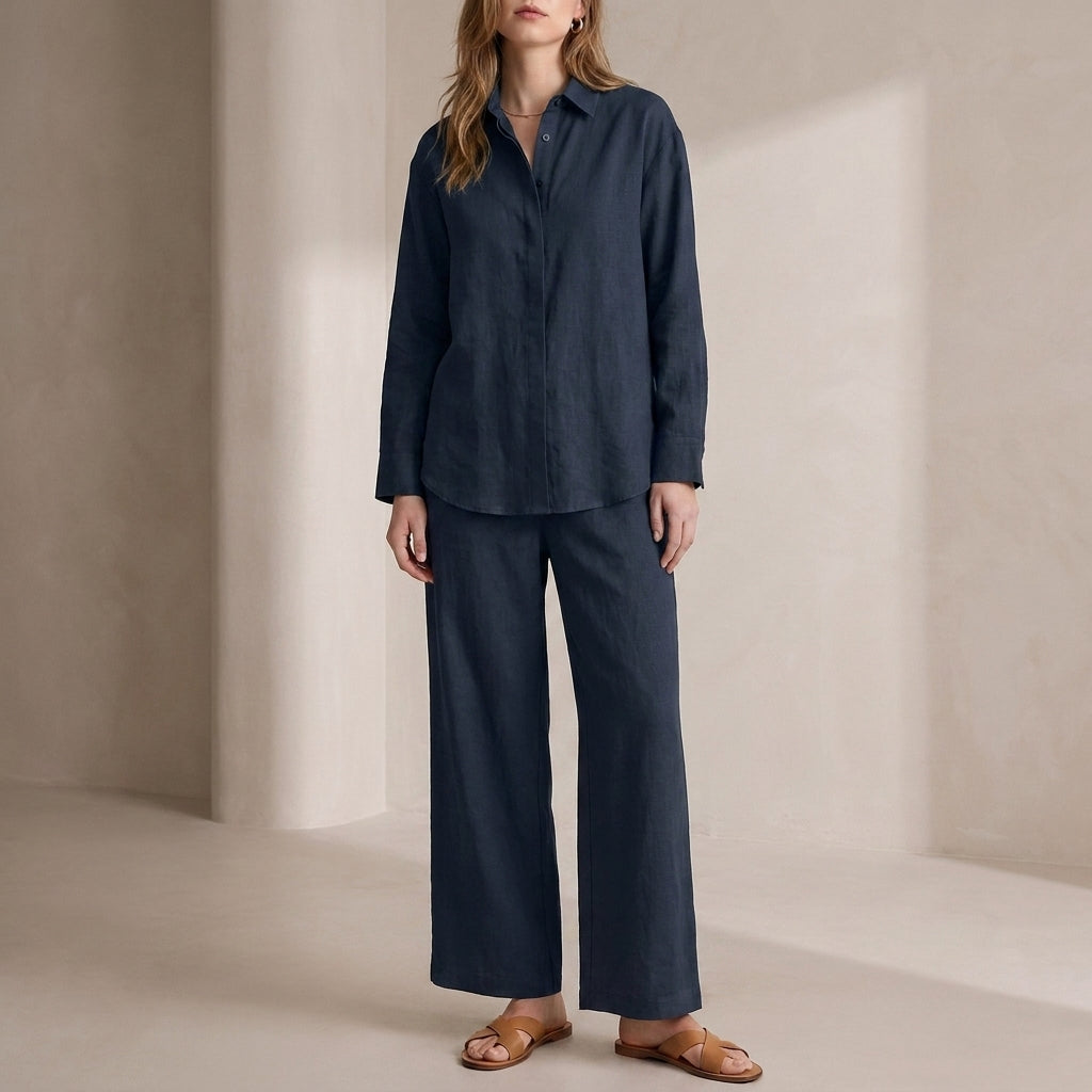Duttini | Flowing Relaxed Two-Piece Woven Shirt And Wide-Leg Trousers Set
