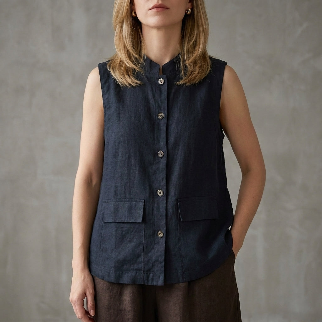 Duttini | Timeless Minimalist Button-Up Sleeveless Blouse With Relaxed Fit And Front Pockets