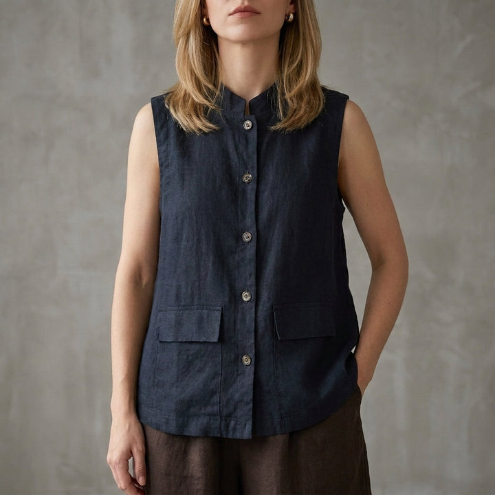 Duttini | Timeless Minimalist Button-Up Sleeveless Blouse With Relaxed Fit And Front Pockets