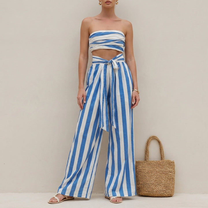 Duttini | Flowing Ruched Strapless Bandeau Two-Piece Wide-Leg Pantsuit With Self-Tie Waist