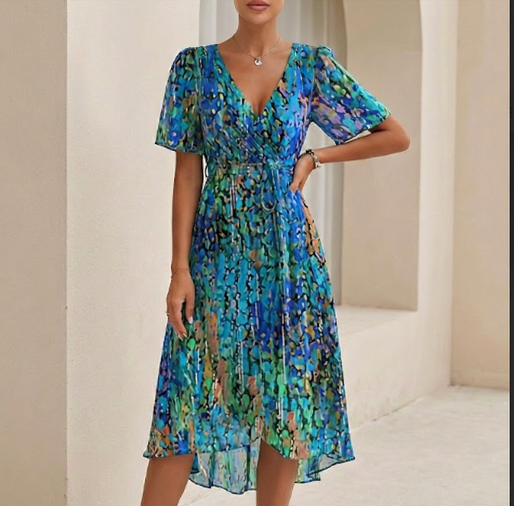 Duttini | Effortless Sofia Amoretti Flowing Chiffon Wrap Midi Dress With Tie Waist