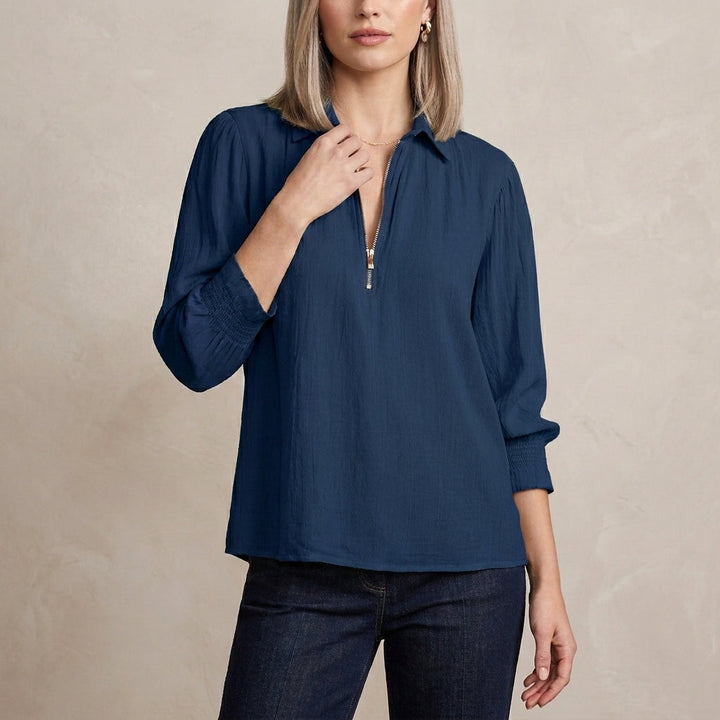 Duttini | Chic Relaxed Fit Half-Zip Pullover Blouse With Gathered Shoulders