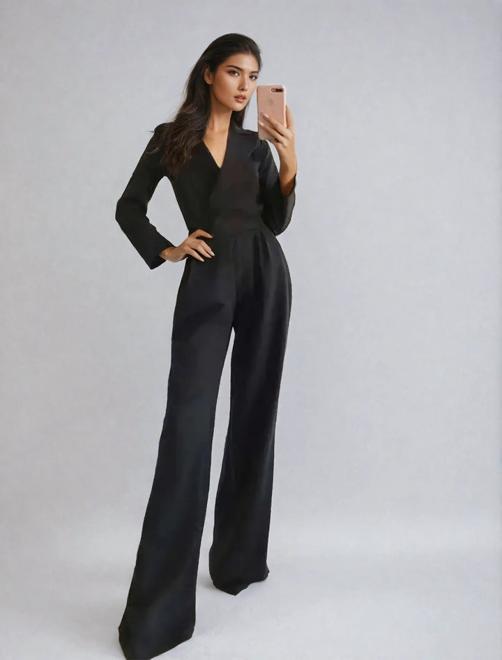Duttini | Long Sleeve Wide-Leg Jumpsuit, V-Neckline