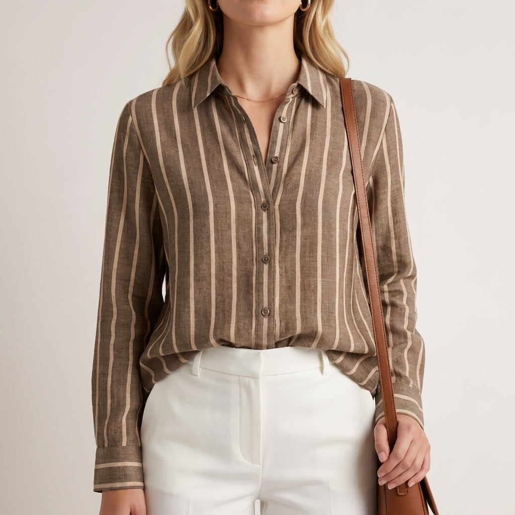 Duttini | Chic Relaxed Fit Woven Blouse With Stand Collar And Vertical Stripes