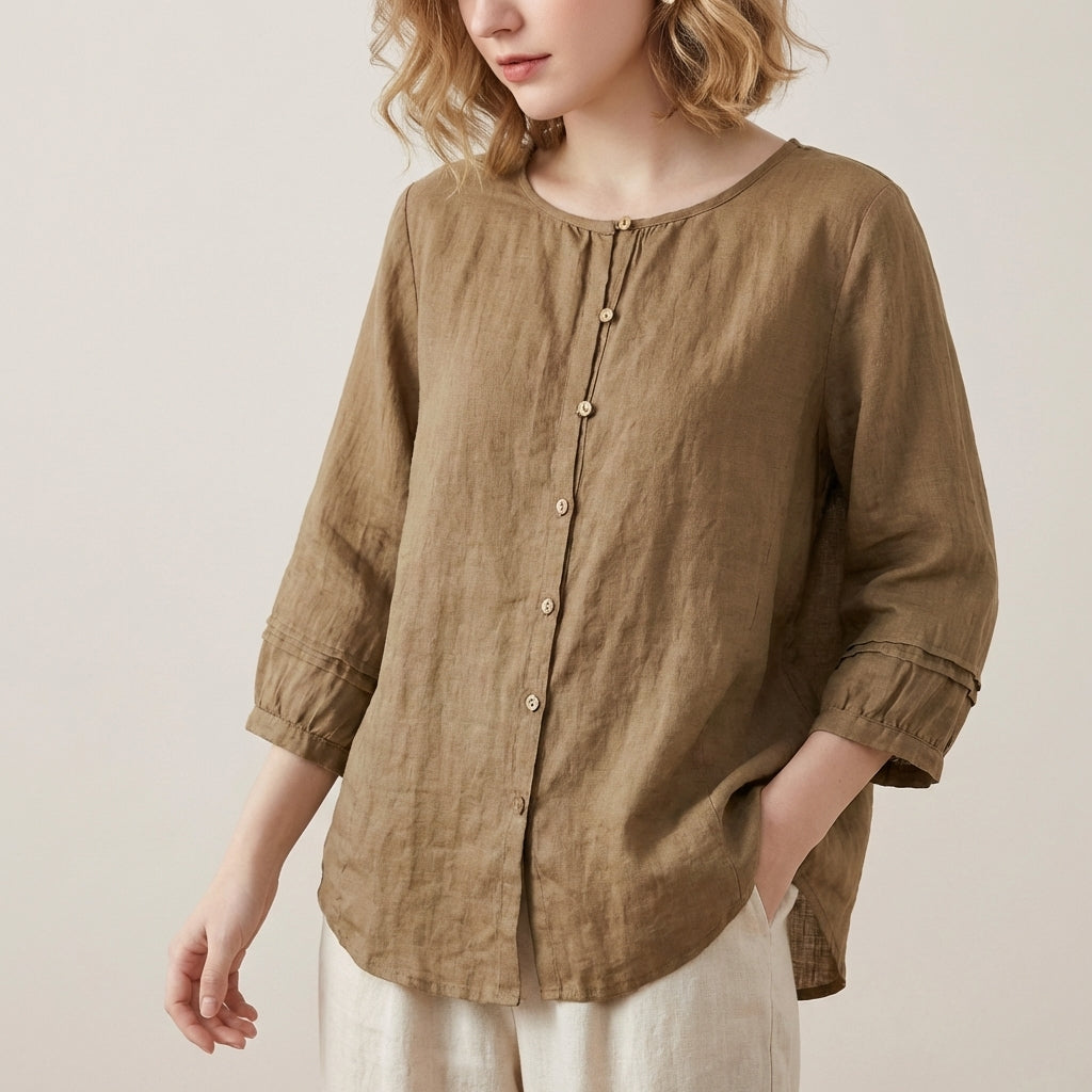Duttini | Modern Relaxed 3/4 Sleeve Woven Button-Down Top With Pintuck Detailing