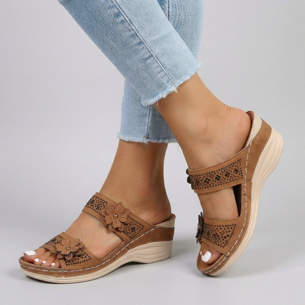 Duttini | Embellished Floral Wedge Comfort Orthopedic Sandals