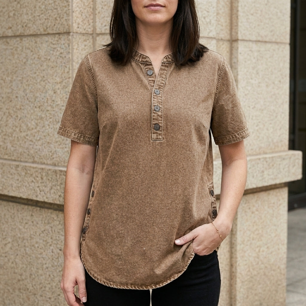 Duttini | Feminine Relaxed Button-Front Denim Look Tunic Top