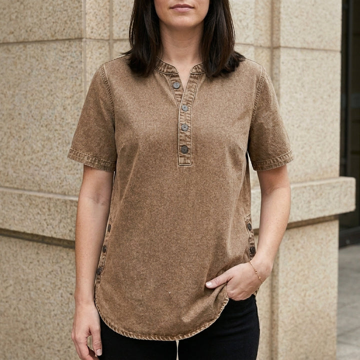 Duttini | Feminine Relaxed Button-Front Denim Look Tunic Top