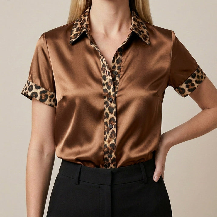 Duttini | Sculpted Leopard Trim Satin Button-Front Statement Blouse