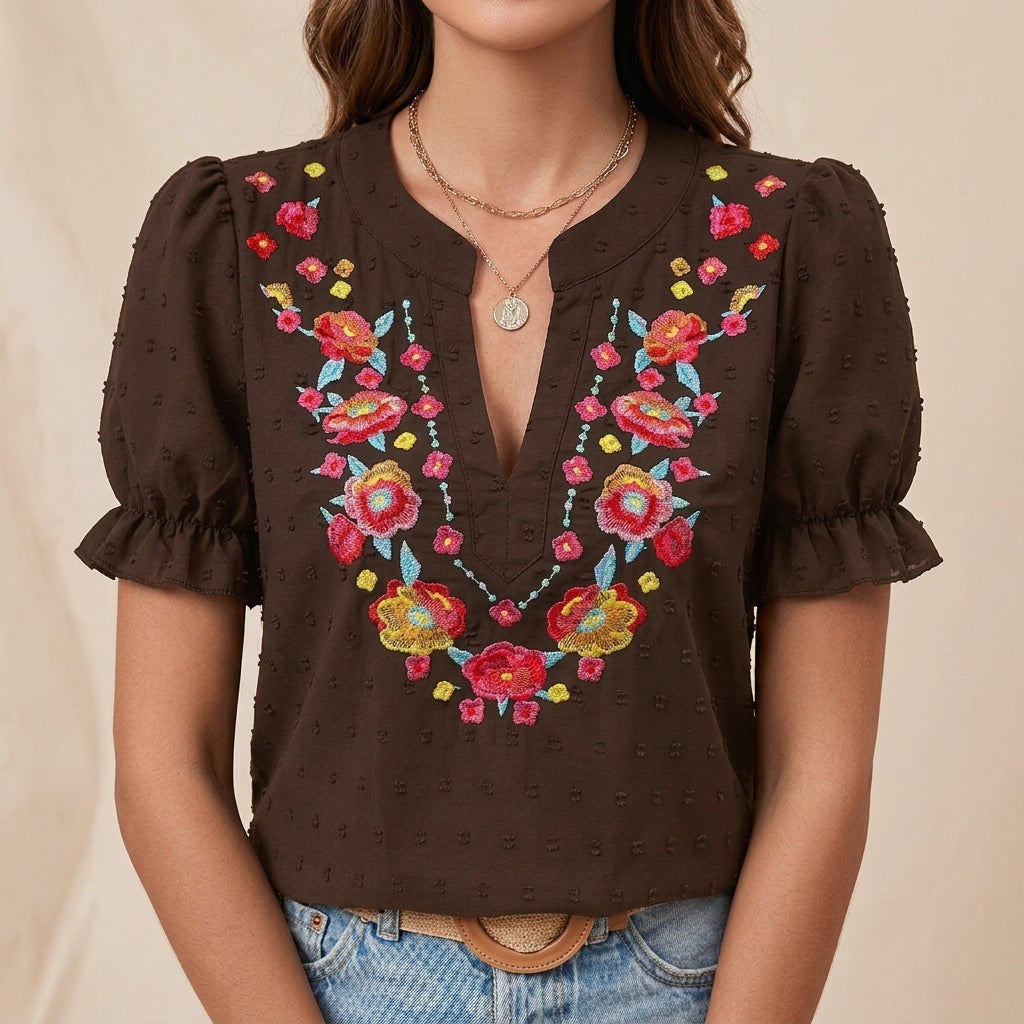 Duttini | Graceful Embroidered Floral Notch Neckline Blouse With Puff Sleeve Detail