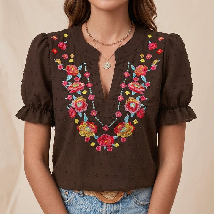 Duttini | Graceful Embroidered Floral Notch Neckline Blouse With Puff Sleeve Detail