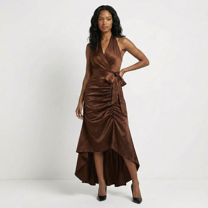 Duttini | Flowing Satin Halter Neck Wrap Maxi Dress With Bow Tie Waist And Ruffled Hem